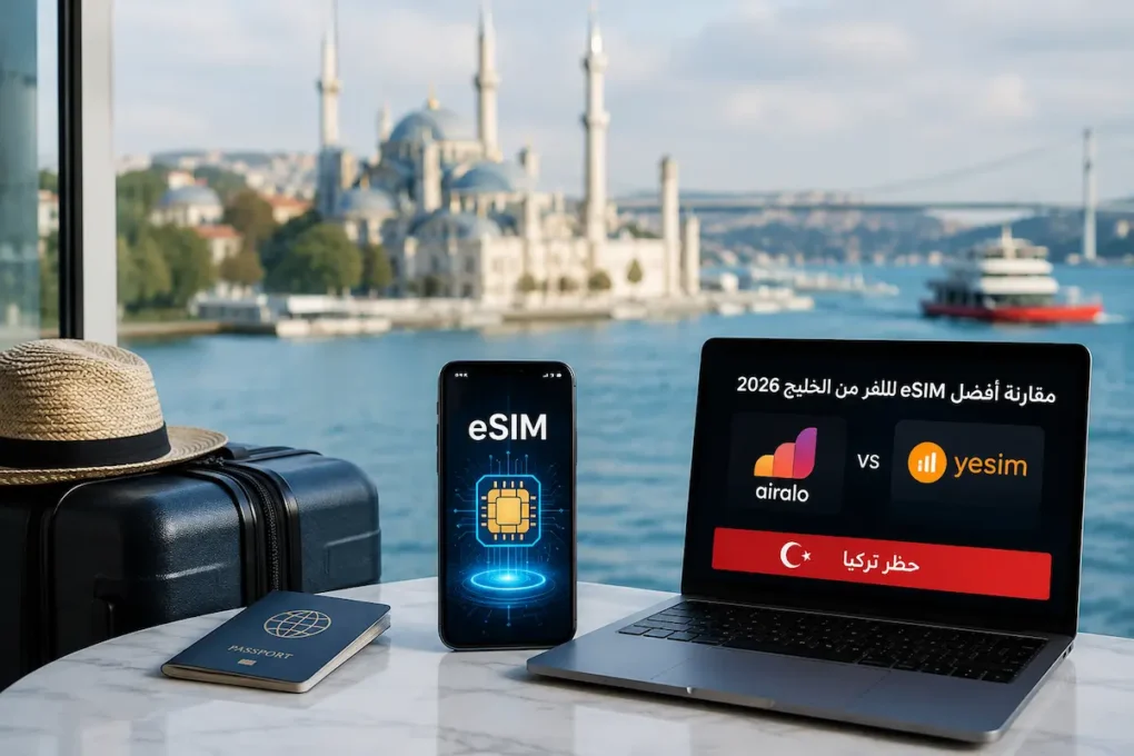 مقارنة أفضل eSIM للسفر من الخليج 2026 — Airalo وYesim وحظر تركيا