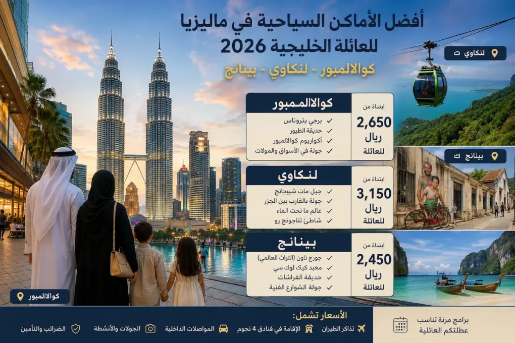 أفضل الأماكن السياحية في ماليزيا للعائلة الخليجية 2026 - كوالالمبور ولنكاوي وبينانج مع الأسعار بالريال
